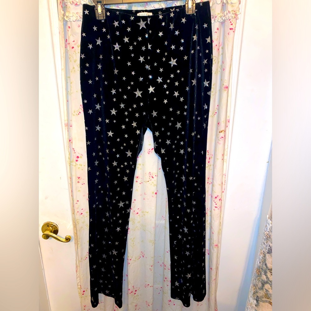NWOT Baevely Stretchy Black Velvet Silver Star Pants Size XL